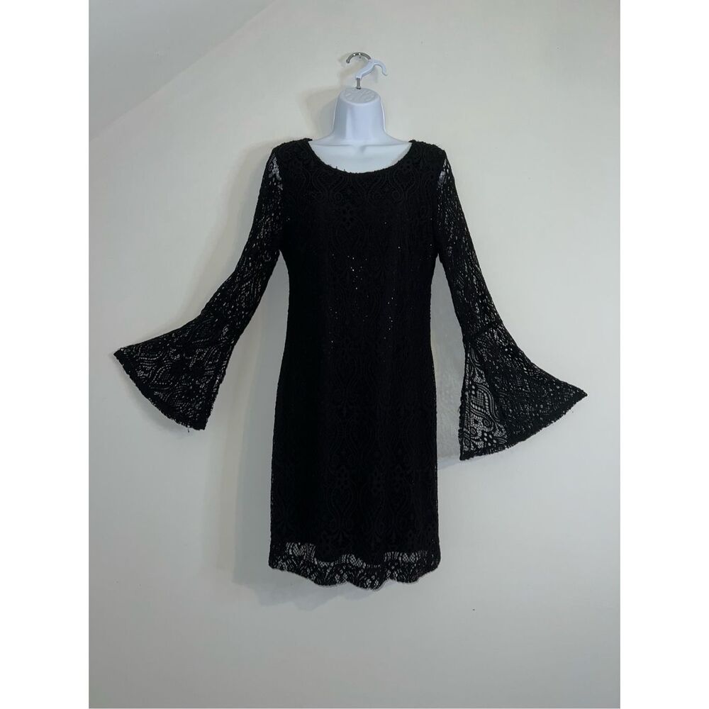 Women’s Gothic Victorian Bell sleeved black eyelet dress ￼